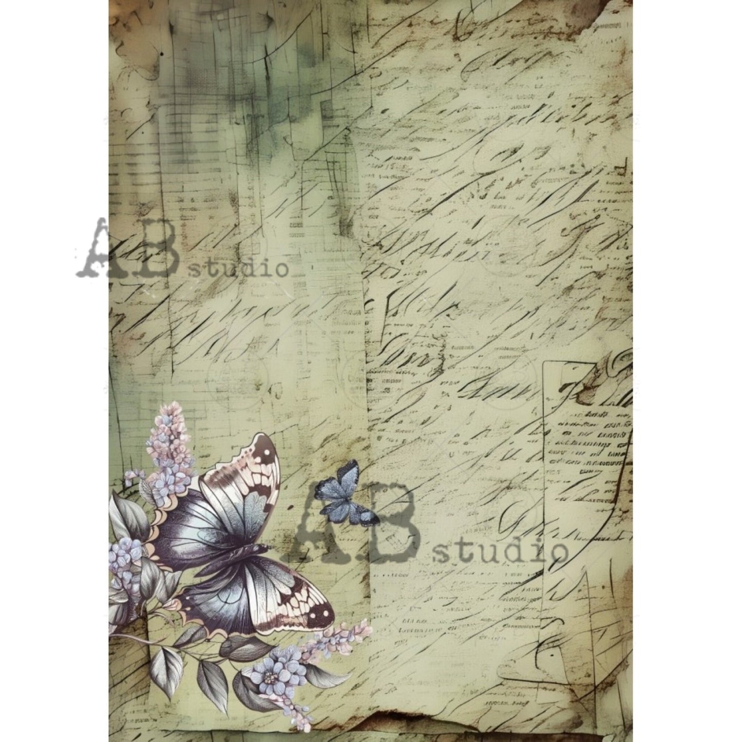 AB Studio, Rice Paper for Decoupage, Romantic, Butterfly, Shabby Chic, Vintage, Newsprint, Wallpaper, 1801, A4 8.27 X 11.69 Imported Poland