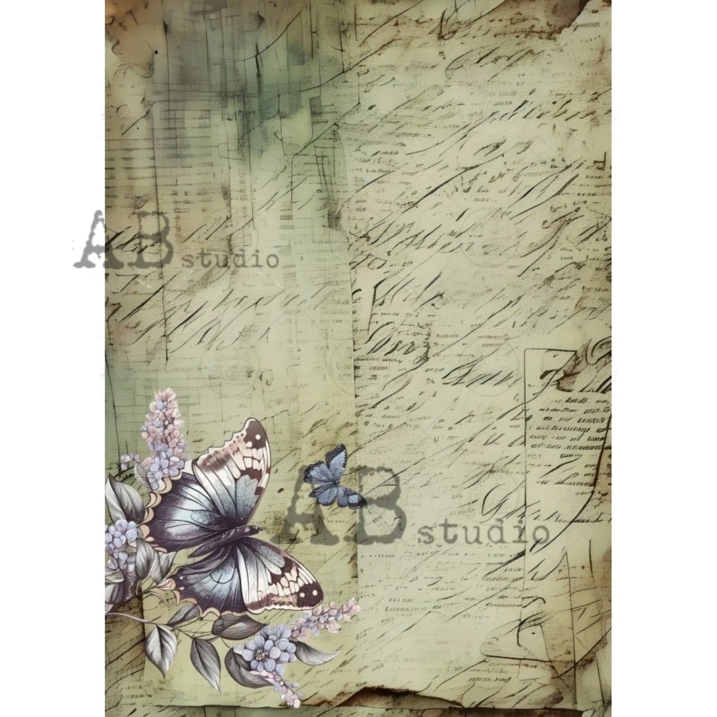 AB Studio, Rice Paper for Decoupage, Romantic, Butterfly, Shabby Chic, Vintage, Newsprint, Wallpaper, 1801, A4 8.27 X 11.69 Imported Poland AB Studio