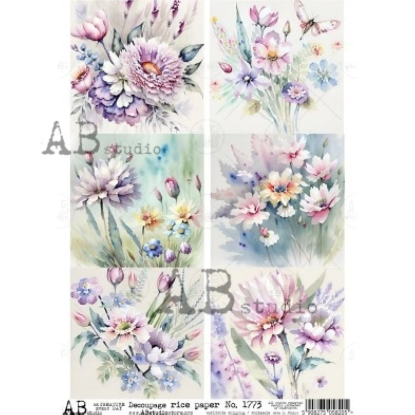 AB Studio, Rice Paper for Decoupage, Romantic, Shabby Chic, Pastel, Flowers, Squares, Floral, 1773, A4 8.27 X 11.69 Imported Poland AB Studio