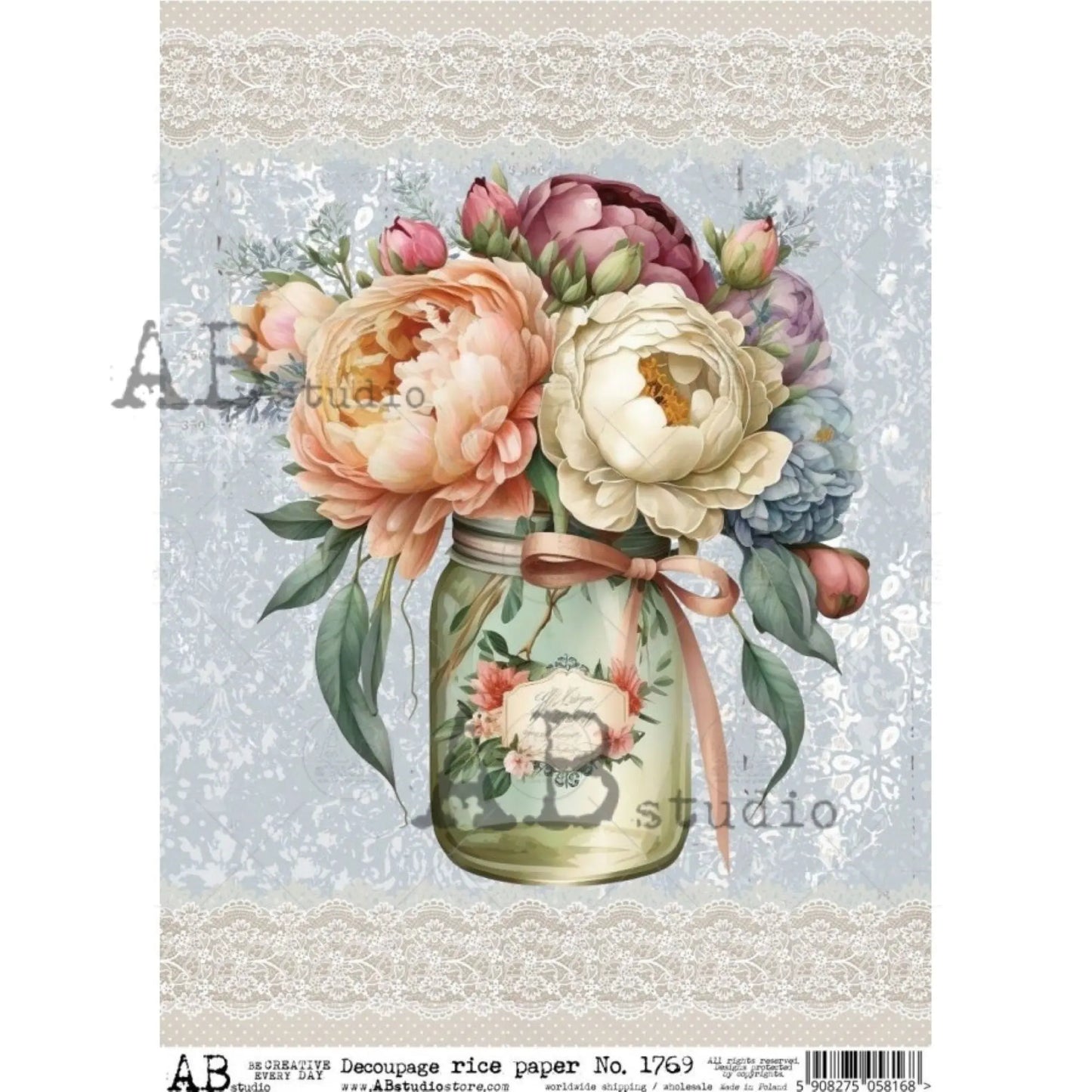 AB Studio, Rice Paper for Decoupage, Romantic, Shabby Chic, Vintage Style, Floral, Bouquet, Flowers, Lace, Vase, 1769, A4 8.27 X 11.69 AB Studio