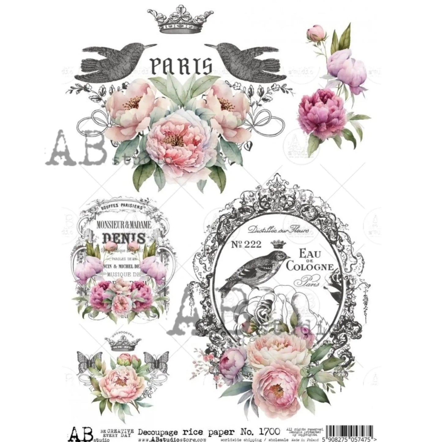 AB Studio, Rice Paper for Decoupage, Romantic, Shabby Chic, Flowers, Vintage, Roses, Birds, Paris, 1700, A4 8.27 X 11.69 Imported Poland AB Studio