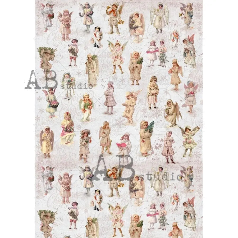 AB Studio, Rice Paper for Decoupage, Shabby Chic, Christmas, Angels, Vintage Style, Little Angels, 1127, A4 8.27 X 11.69 Imported Poland AB Studio
