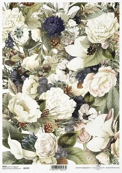 ITD Collection Rice Paper for Decoupage R1797, A4 - 210x297 mm, 8.27x11.7 Flowers, Peonies, cones, Magnolia, Background, Wallpaper, Floral ITD Collection