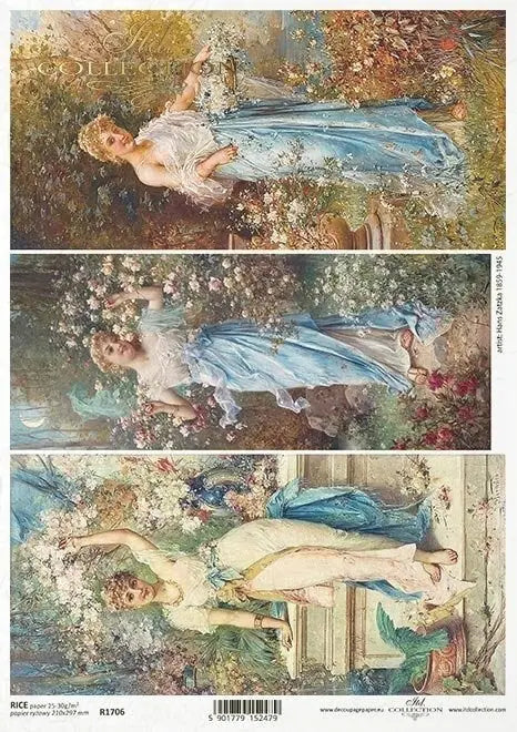 ITD Collection Rice Paper for Decoupage R1706, A4, 210x297 mm, 8.27x11.7 Woman, Lady, Spring, Retro, Vintage, Shabby Chic, Flowers, Painting ITD Collection