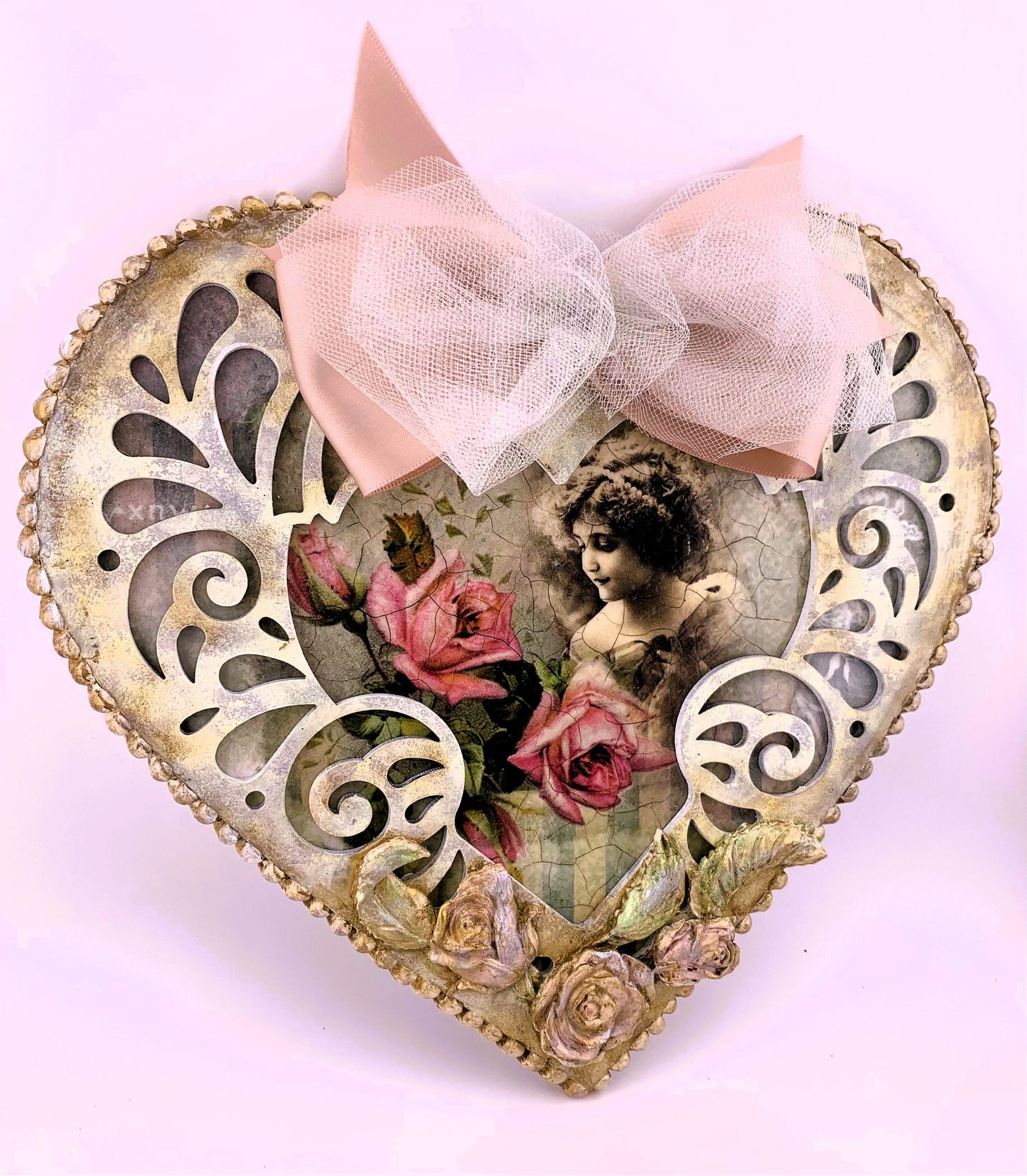 Handcrafted, Shabby Chic, Laser Cut MDF Heart Plaque, Vintage Girl, Roses, Decoupage, Mixed Media, Nostalgic Heart, Roses, Wall Decoration