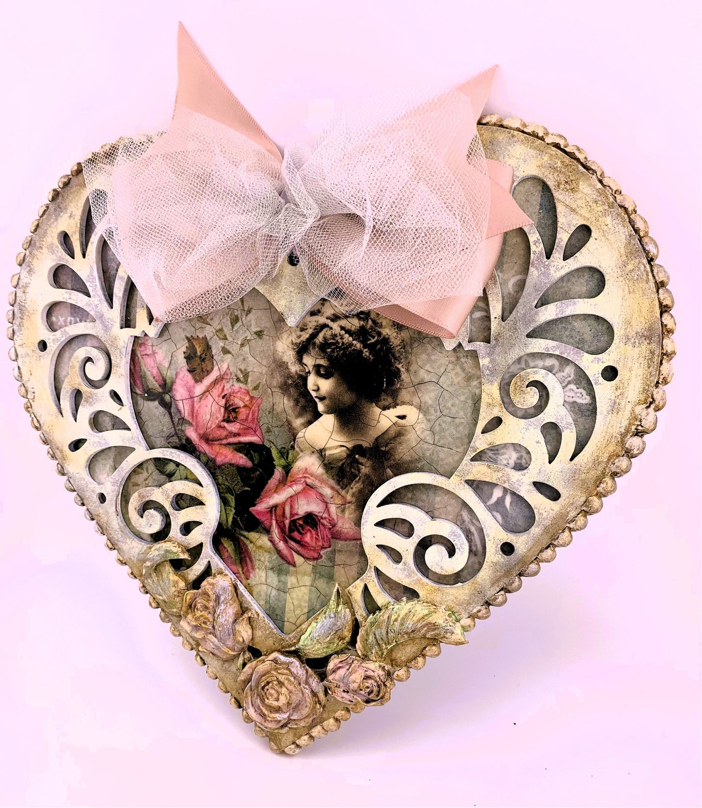 Handcrafted, Shabby Chic, Laser Cut MDF Heart Plaque, Vintage Girl, Roses, Decoupage, Mixed Media, Nostalgic Heart, Roses, Wall Decoration