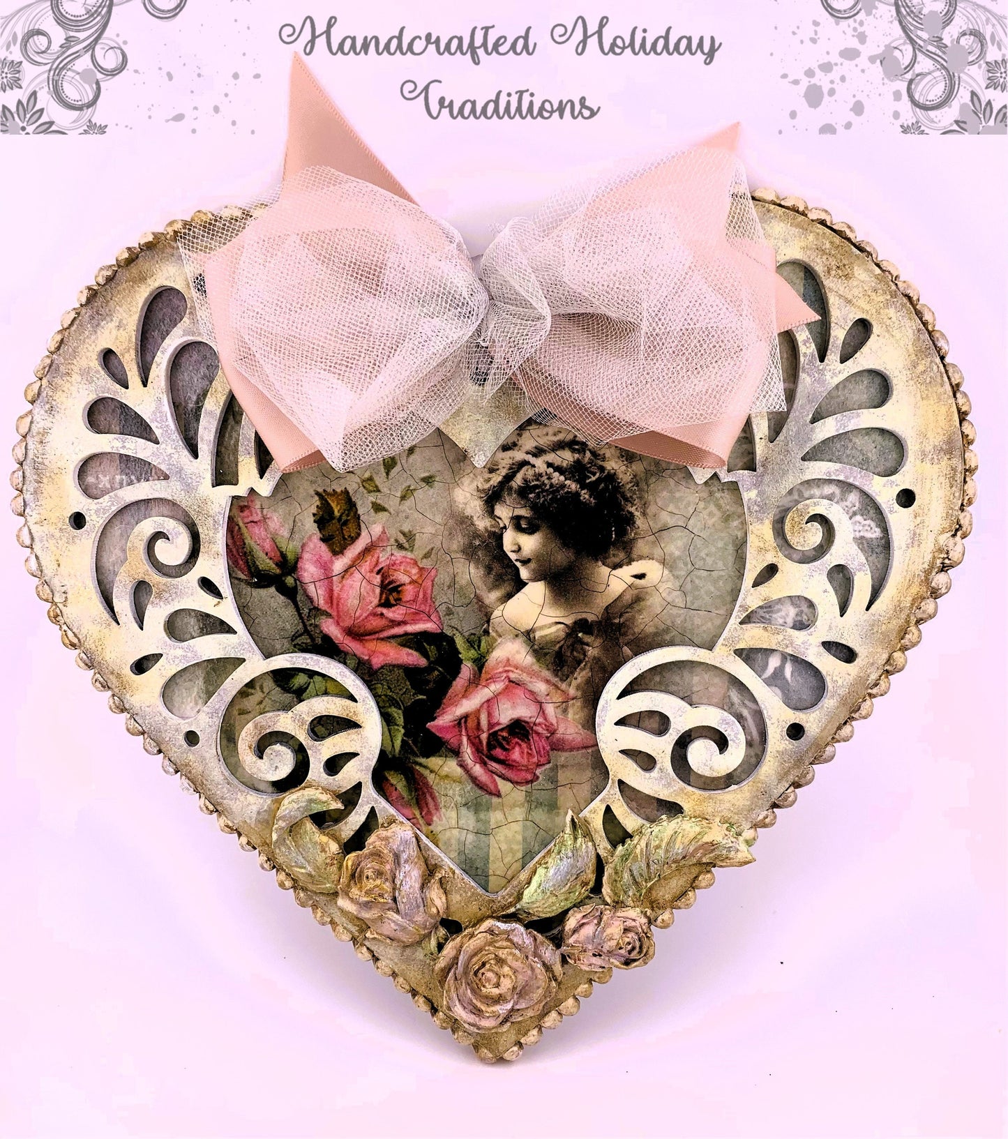 Handcrafted, Shabby Chic, Laser Cut MDF Heart Plaque, Vintage Girl, Roses, Decoupage, Mixed Media, Nostalgic Heart, Roses, Wall Decoration