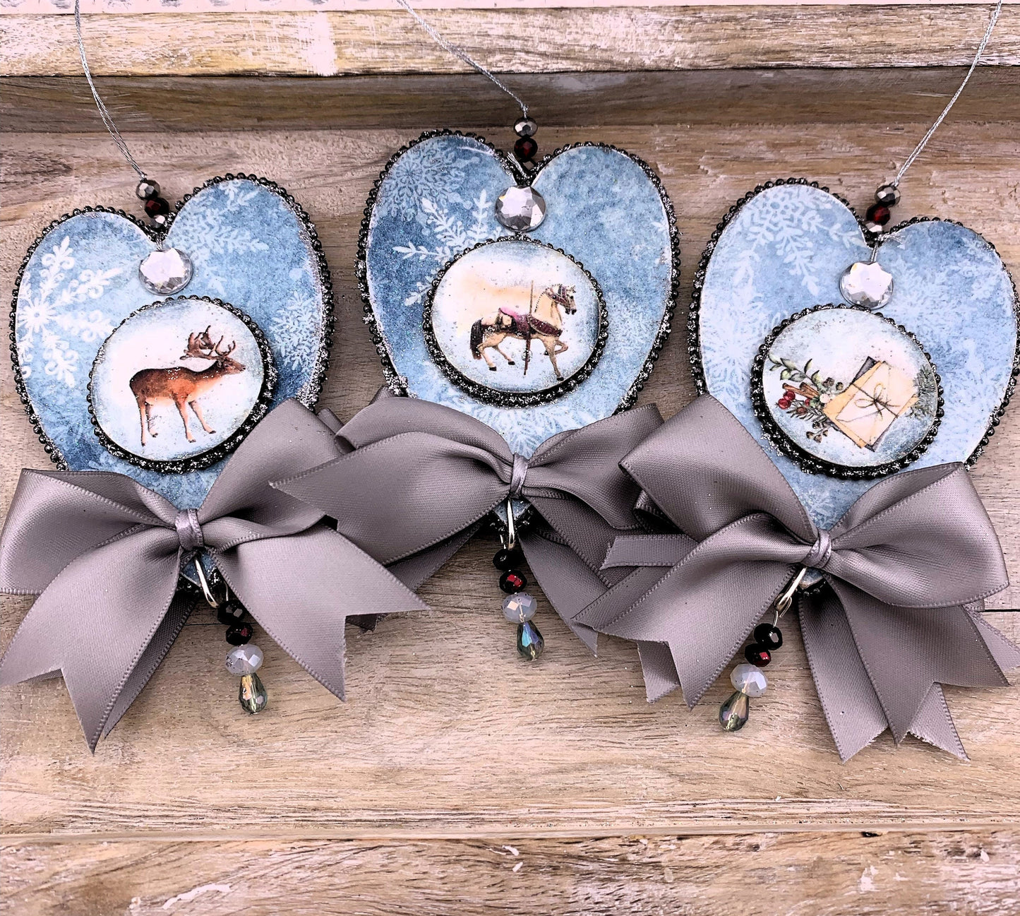Handcrafted, Laser cut, MDF, Heart, Decoupage, Vintage Style, Christmas, Ornament, Set of 3, Teddy Bears, Hearts, Mixed Media