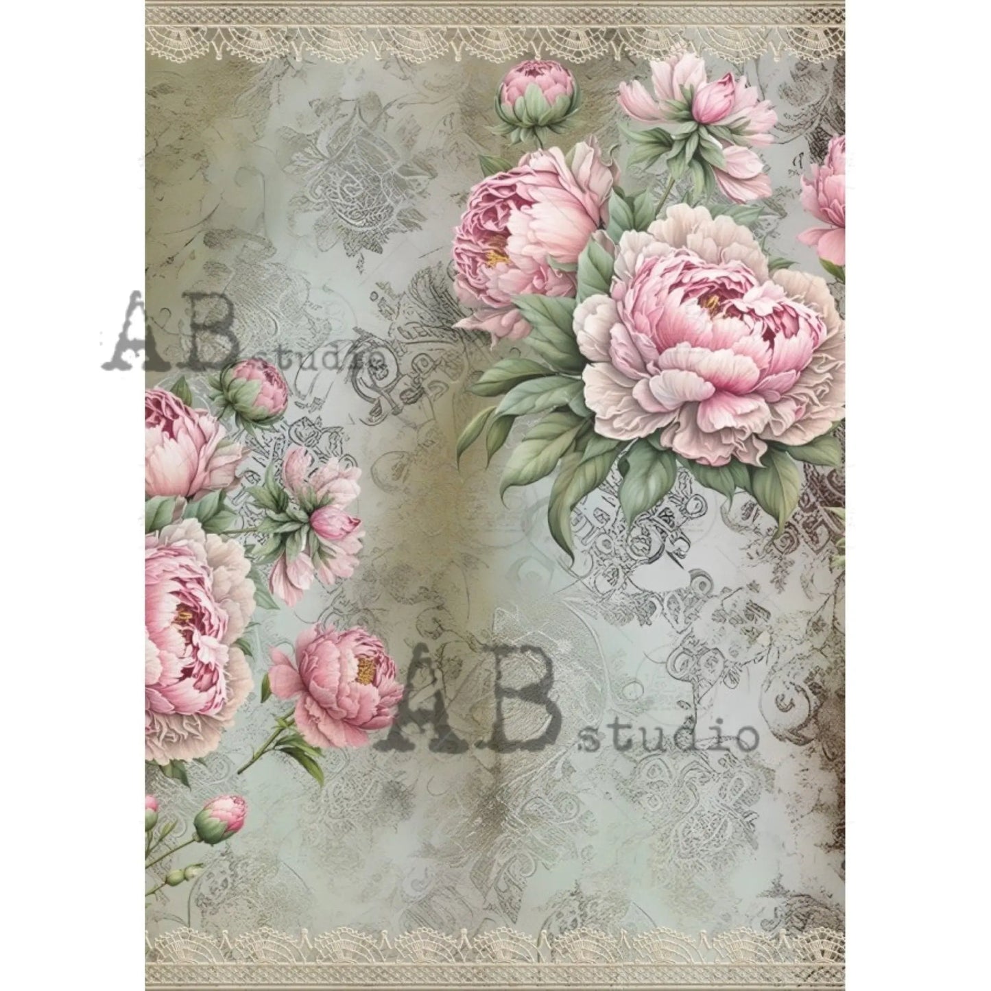 AB Studio, Rice Paper for Decoupage, Romantic, Lace, Roses, Shabby Chic, Vintage, Wallpaper, 1786, A4 8.27 X 11.69 Imported Poland AB Studio