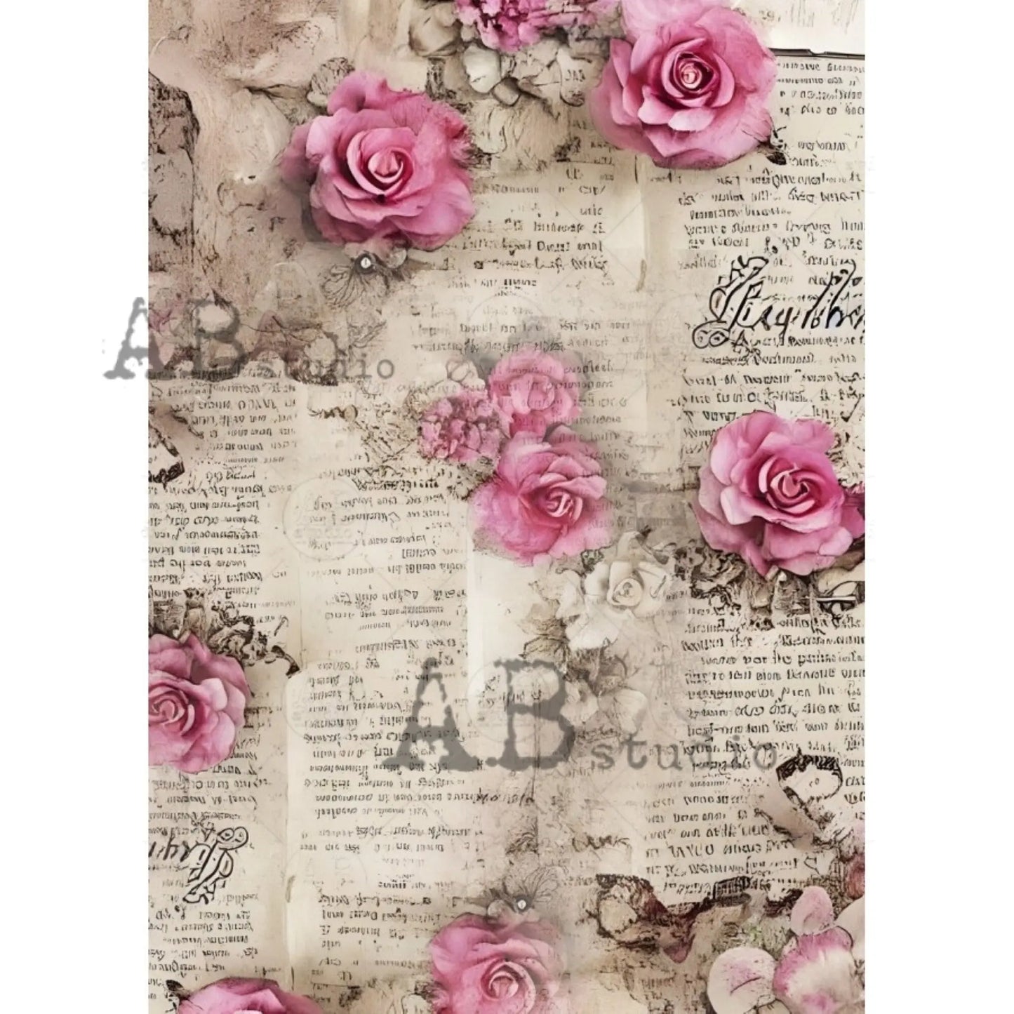 AB Studio, Rice Paper for Decoupage, Romantic, Newsprint, Roses, Shabby Chic, Vintage, Wallpaper, 1783, A4 8.27 X 11.69 Imported Poland AB Studio