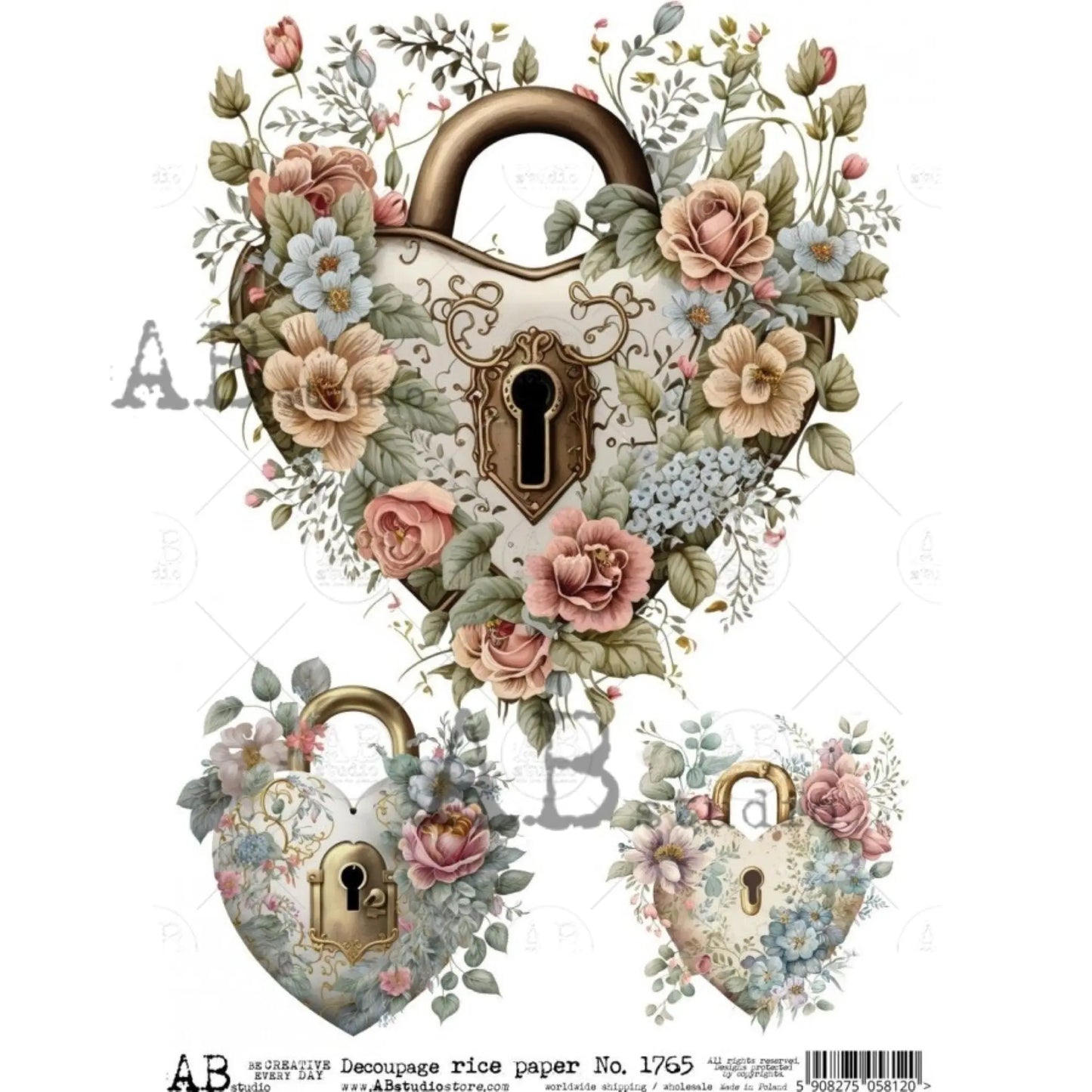 AB Studio, Rice Paper for Decoupage, Romantic, Shabby Chic, Flowers, Locks, Hearts, Vintage Locks, 1765, A4 8.27 X 11.69 Imported Poland AB Studio