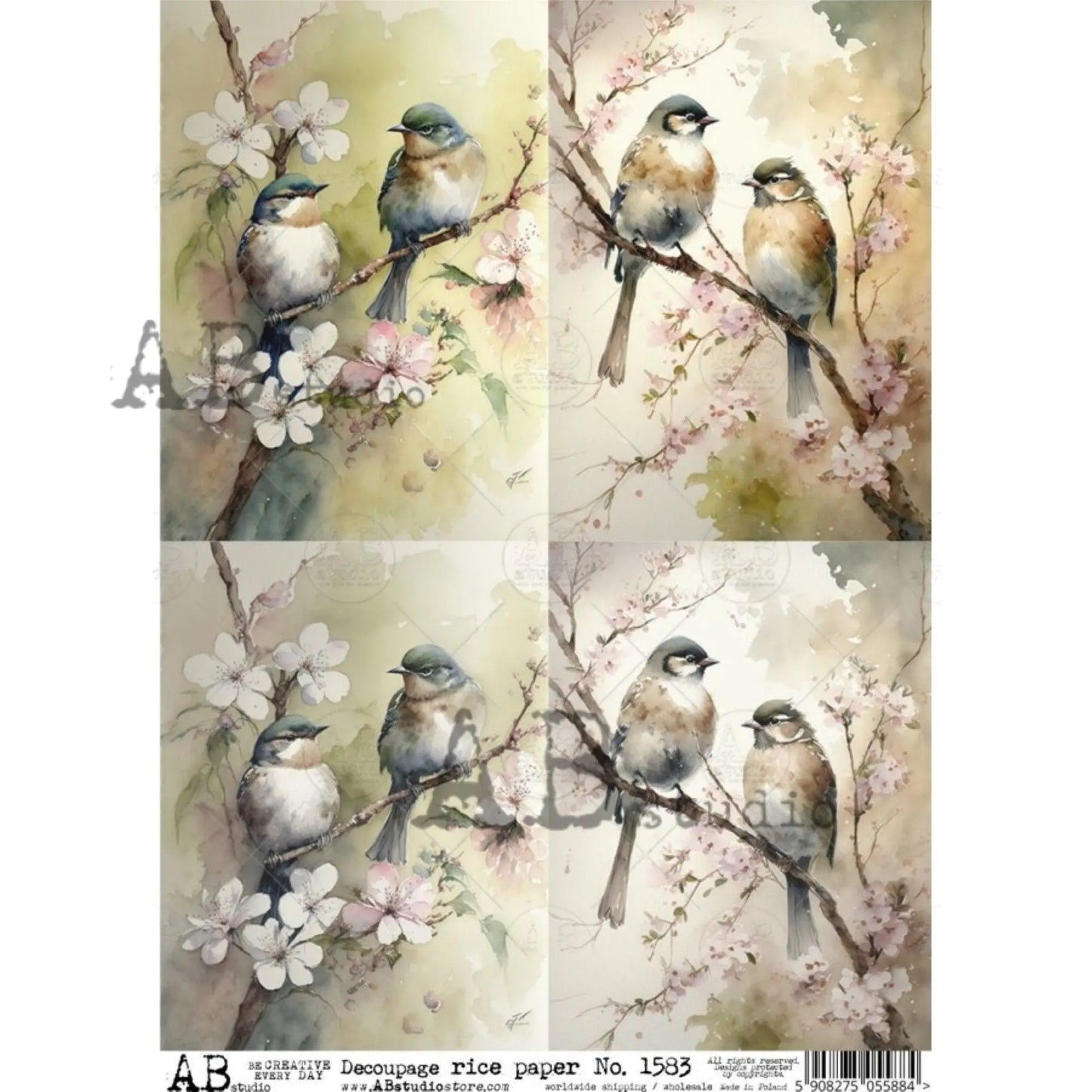AB Studio, Rice Paper for Decoupage, Romantic, Shabby Chic, Birds, Flowers, Squares, Cherry Blossoms, 1583, A4 8.27 X 11.69 Imported Poland AB Studio