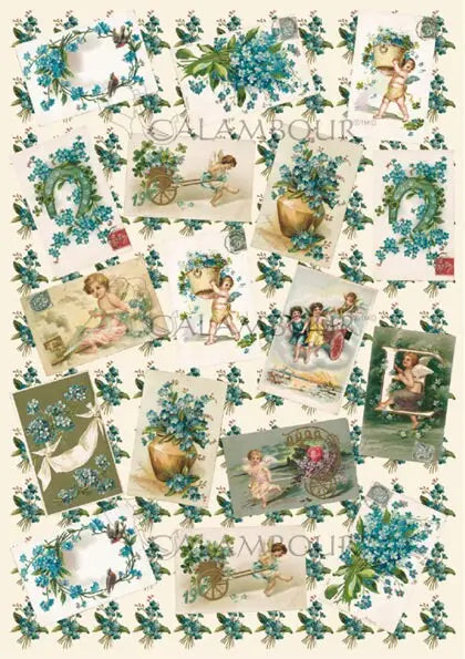 Calambour Design, Angioletti, Angels, Shabby Chic, Cupids, Flowers, Squares, EASY-181, Decoupage Classic Paper, Acid Free, 27 x 19 inches Calambour