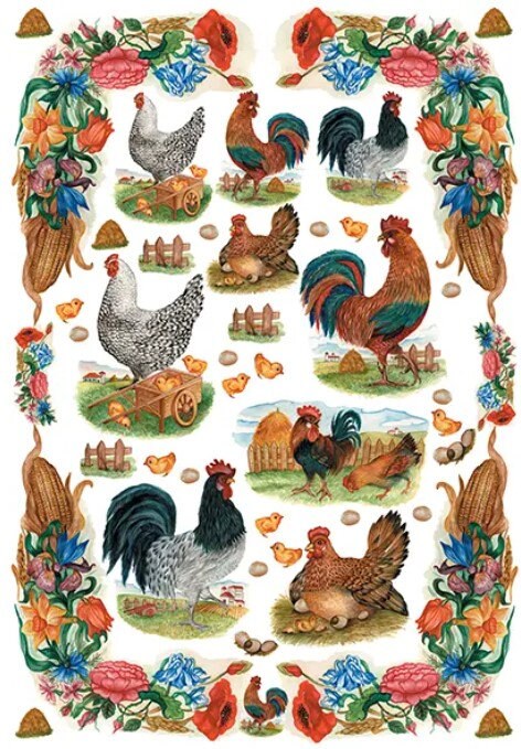 Calambour Design, Country, Farm Animals, Hens, Chickens, Roosters, EASY-09, Decoupage Classic Paper, Acid Free, 27 x 19 inches