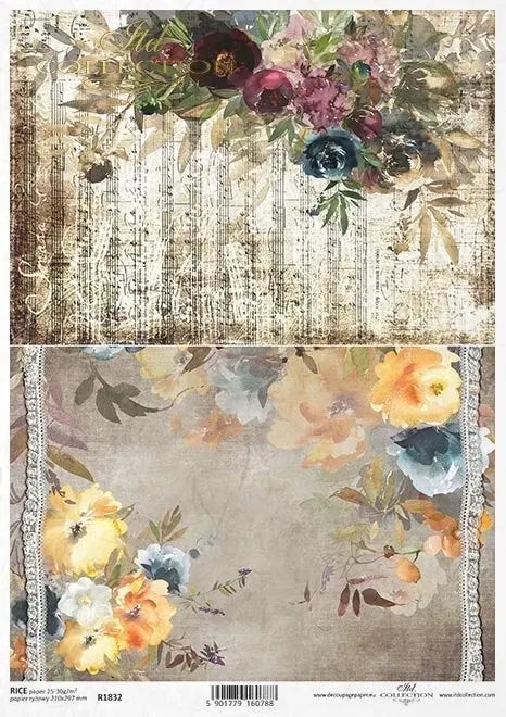 ITD Collection Rice Paper for Decoupage R1832, Size A4, 8.27x11.7 Flowers, Music Notes, Ribbon, Lace, Watercolor, Background, Wallpaper ITD Collection