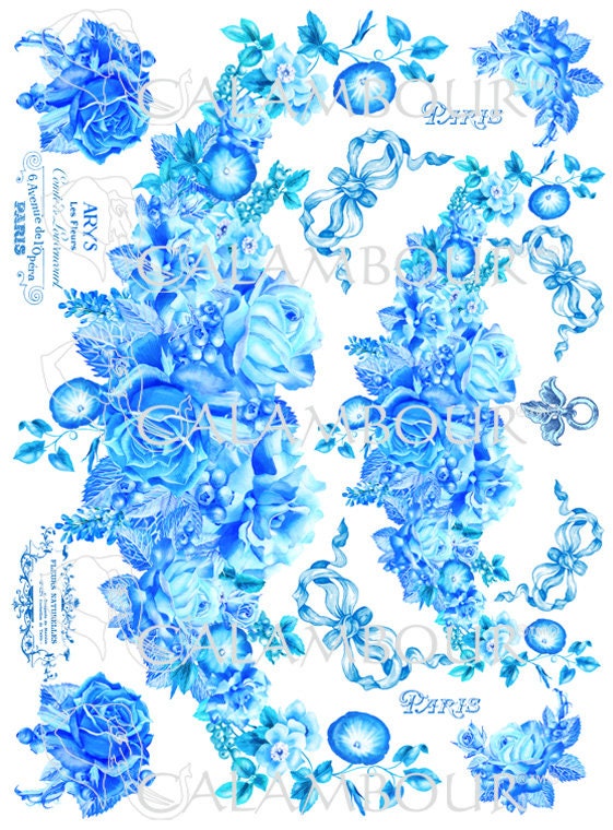 Calambour, Italian Design, Blue and White, Floral, Roses, Garland, Paris, TCR 72, A3 Rice Paper for Decoupage 34 x 49 cm 12.9 x 19 inch