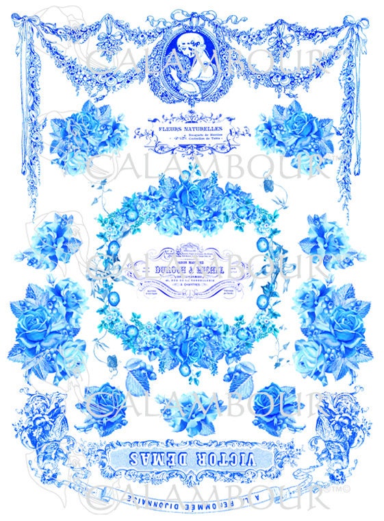 Calambour, Italian Design, Blue, White, Floral, Roses, Garland, Paris, Vintage, TCR73, A3 Rice Paper for Decoupage 32 x 45cm 12.9 x 18in