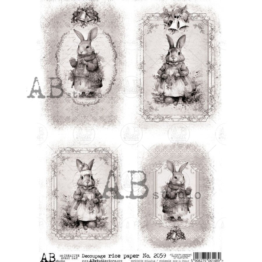 AB Studio Shabby Chic, Vintage, Christmas, Rabbits, Squares, Sepia Tone, 2059, A4 - 8.27 X 11.69 in, Rice Paper Decoupage Imported Poland