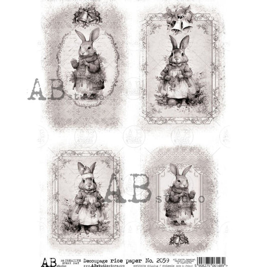 AB Studio Shabby Chic, Vintage, Christmas, Rabbits, Squares, Sepia Tone, 2059, A4 - 8.27 X 11.69 in, Rice Paper Decoupage Imported Poland