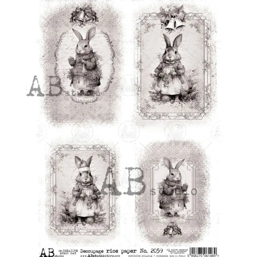 AB Studio Shabby Chic, Vintage, Christmas, Rabbits, Squares, Sepia Tone, 2059, A4 - 8.27 X 11.69 in, Rice Paper Decoupage Imported Poland AB Studio