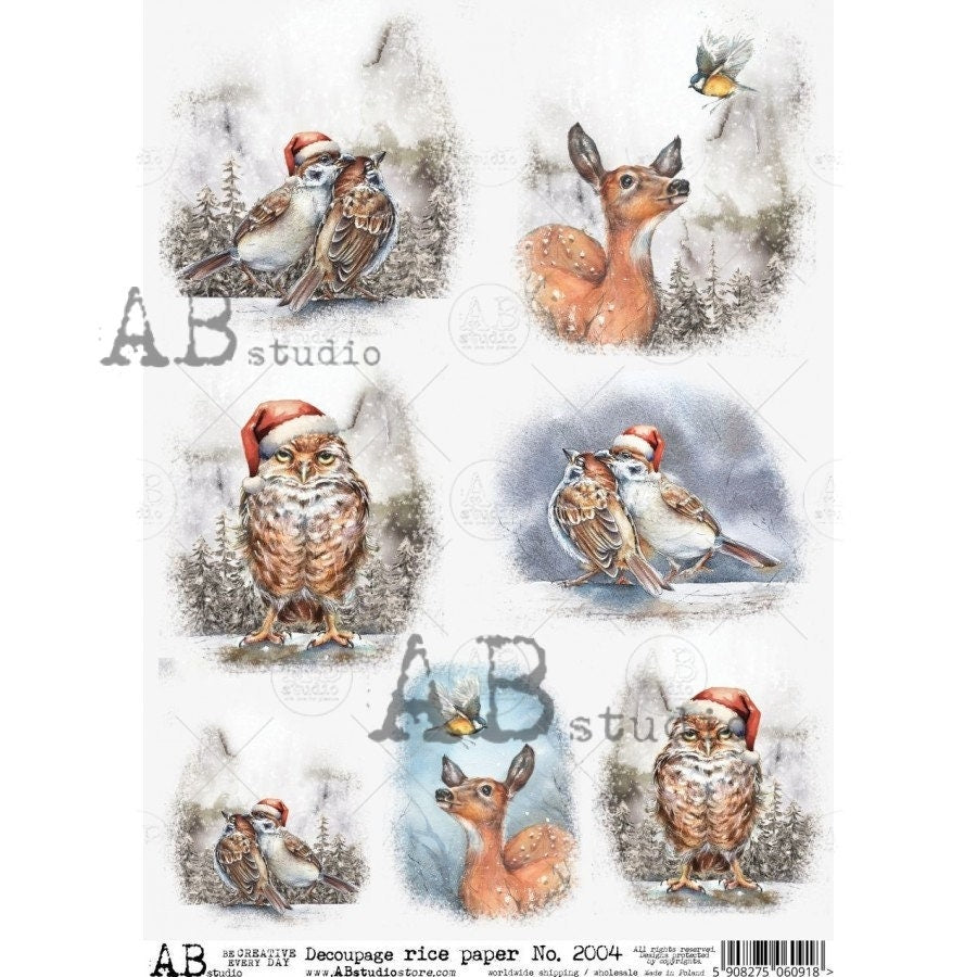 AB Studio Shabby Chic, Winter, Christmas, Owls, Deer, Birds, Snow, Rounds, 2004, A4 - 8.27 X 11.69 in, Rice Paper Decoupage Imported Poland