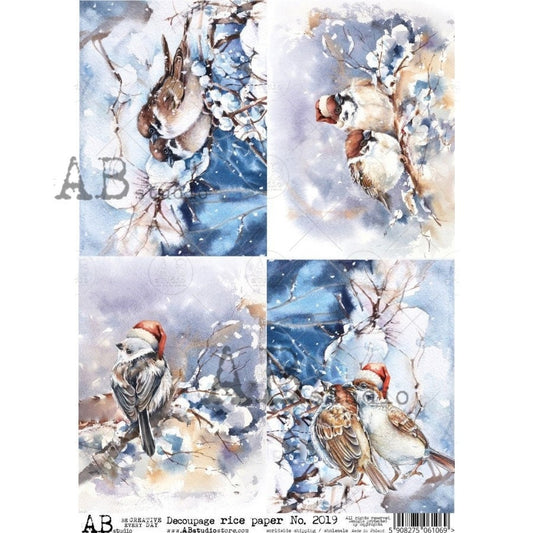 AB Studio Christmas, Christmas, Owl, Winter, Birds, Squares, Snow scenes, 2019, A4, 8.27 X 11.69 Rice Paper, Decoupage, Imported