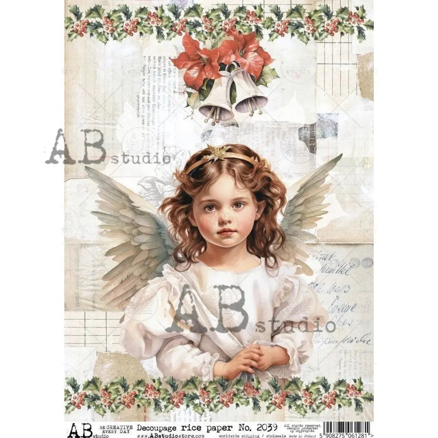 AB Studio Christmas, Child, Christmas, Angel, Holiday, Holly, Bells, 2039, A4, 8.27 X 11.69 Rice Paper, Decoupage, Imported, Poland AB Studio