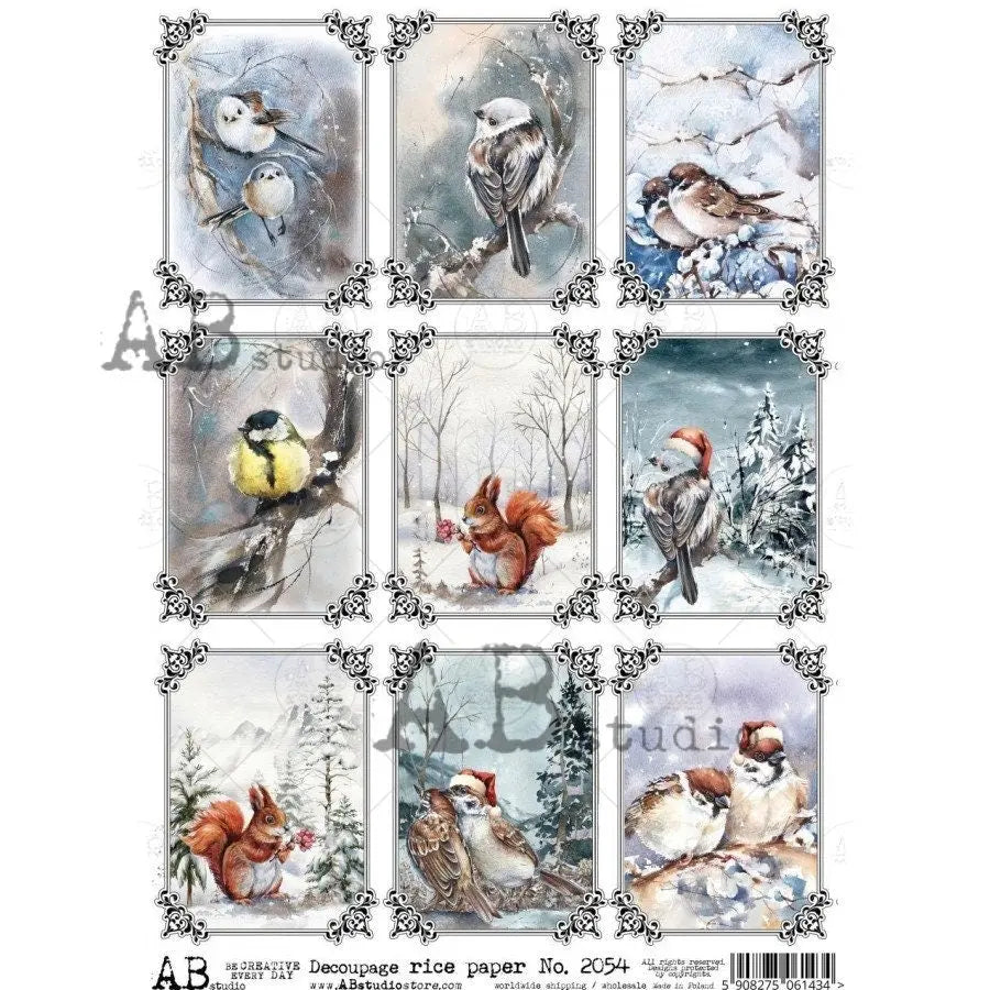 AB Studio Christmas, Christmas, Blue, White, Winter, Birds, Squares, Snow, Trees, 2054, A4, 8.27 X 11.69 Rice Paper, Decoupage, Imported AB Studio