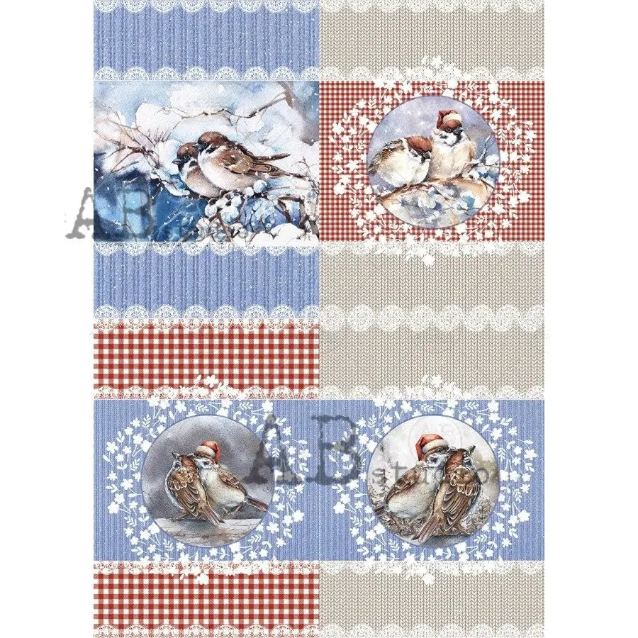 AB Studio Christmas, Blue, Christmas, Love Birds, Lace, Winter, Scene, Snow, 2106, A4, 8.27 X 11.69 Rice Paper, Decoupage, Imported, Poland AB Studio