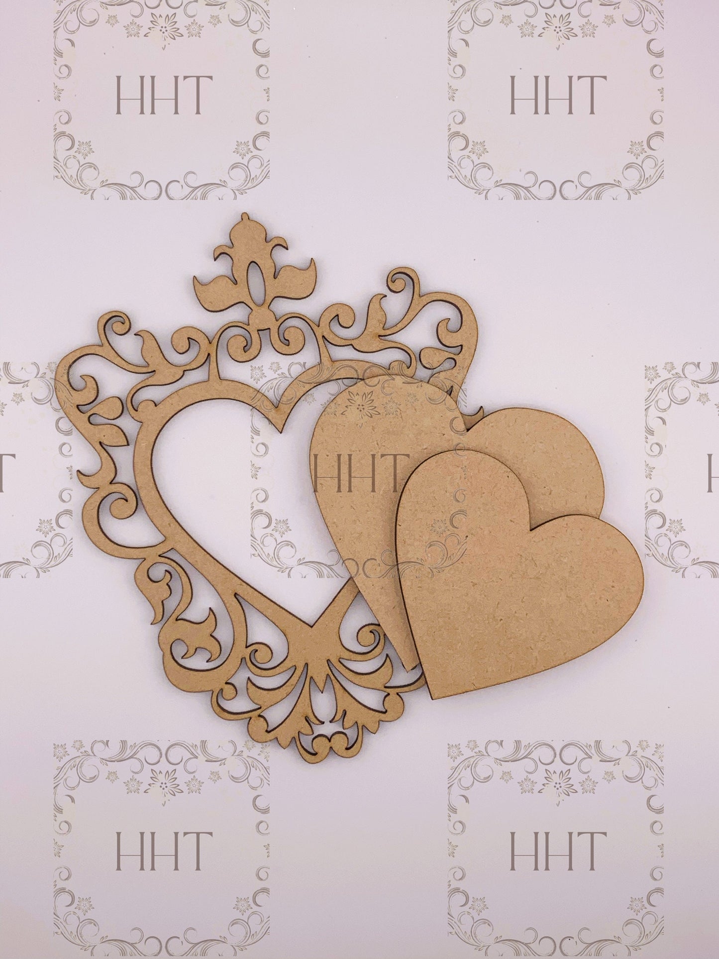 Laser Cut MDF, Christmas, Valentine Heart Ornament Base Blank with Scroll Frame overlay 3 pc for Decoupage, Crafts, Mixed Media, 5.25 x 7 , 1/8
