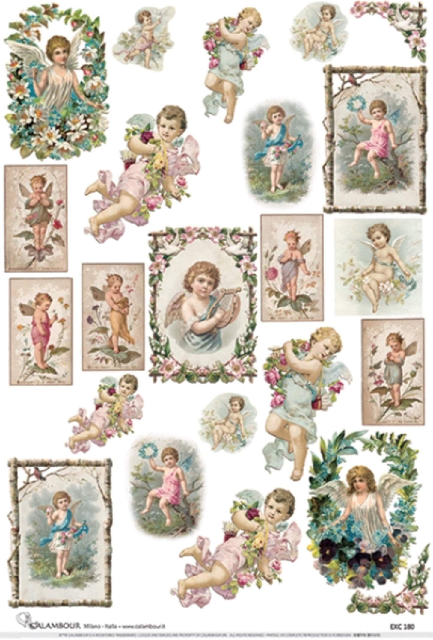 Calambour Design, Big Small Collection, Angels, Shabby Chic, Cupids, Squares, EASY-180, Decoupage Classic Paper, Acid Free, 27 x 19 inches