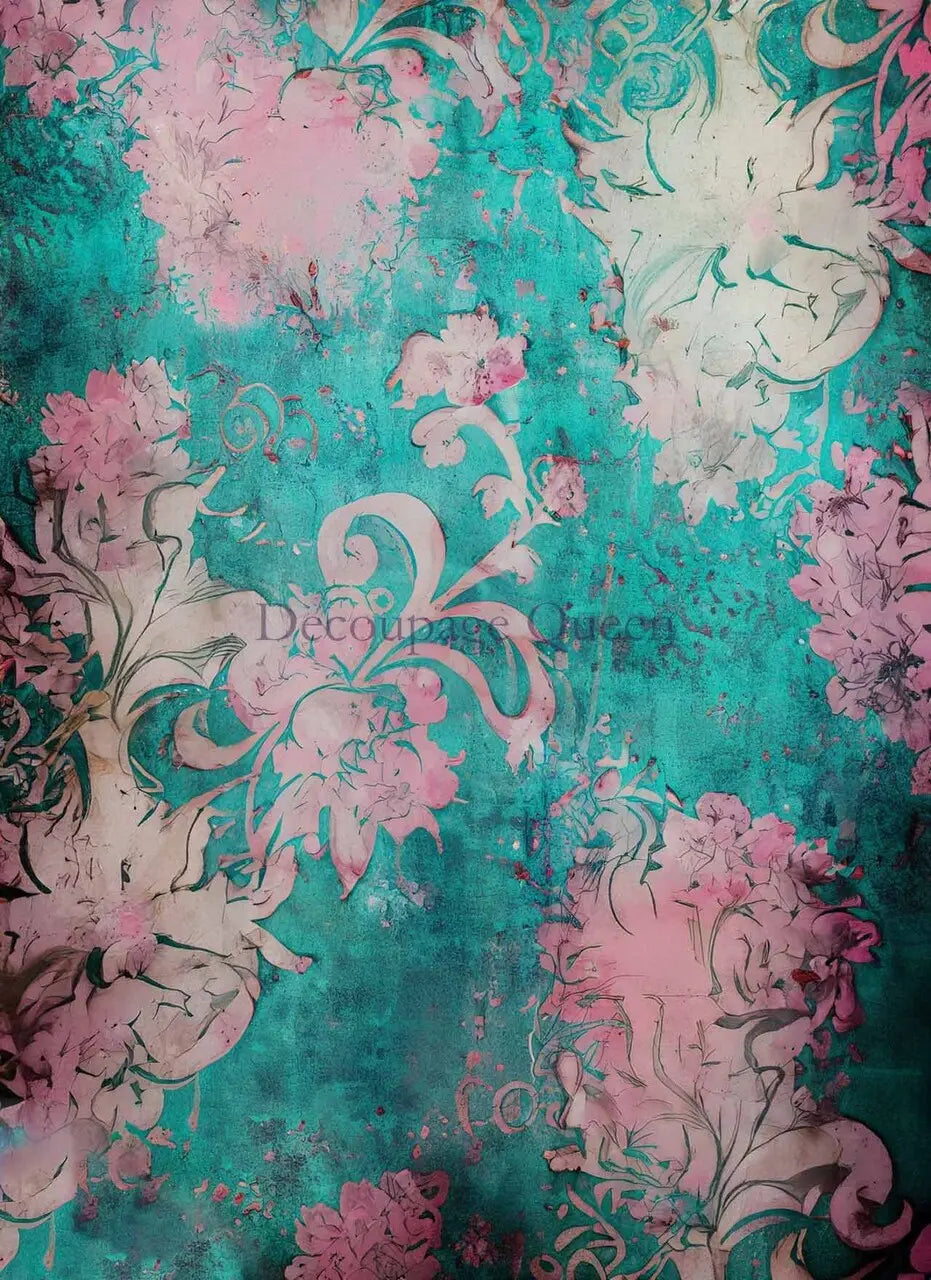 Decoupage Queen, Andy Skinner, Tattered Teal, Pink, Size A4, 8.3" X 11.7", Rice Paper for decoupage, 0435 Decoupage Queen