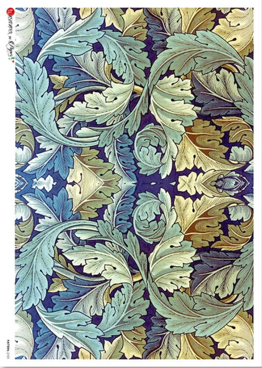 Paper Designs, Rice Paper, Decoupage, Mixed Media, Blue, Green, Flourishes, Wallpaper, Background, 0131, A4 - 8.3" X 11.7" Paper Designs