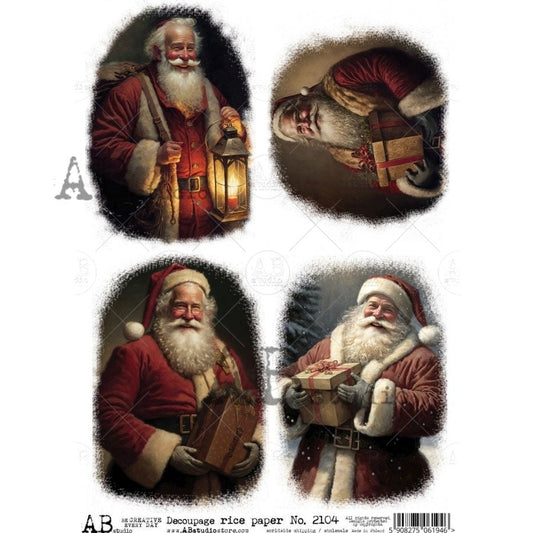 AB Studio Christmas, Vintage, Santa, Realistic, Christmas, Squares, 2104, A4, 8.27 X 11.69 Rice Paper for Decoupage Imported from Poland