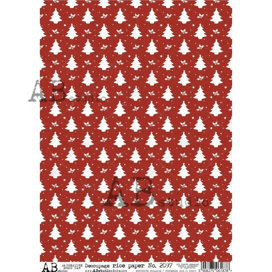 AB Studio Christmas, Christmas, Red, White, Trees, Background, Wallpaper, 2097, A4, 8.27 X 11.69 Rice Paper, Decoupage, Imported, Poland AB Studio