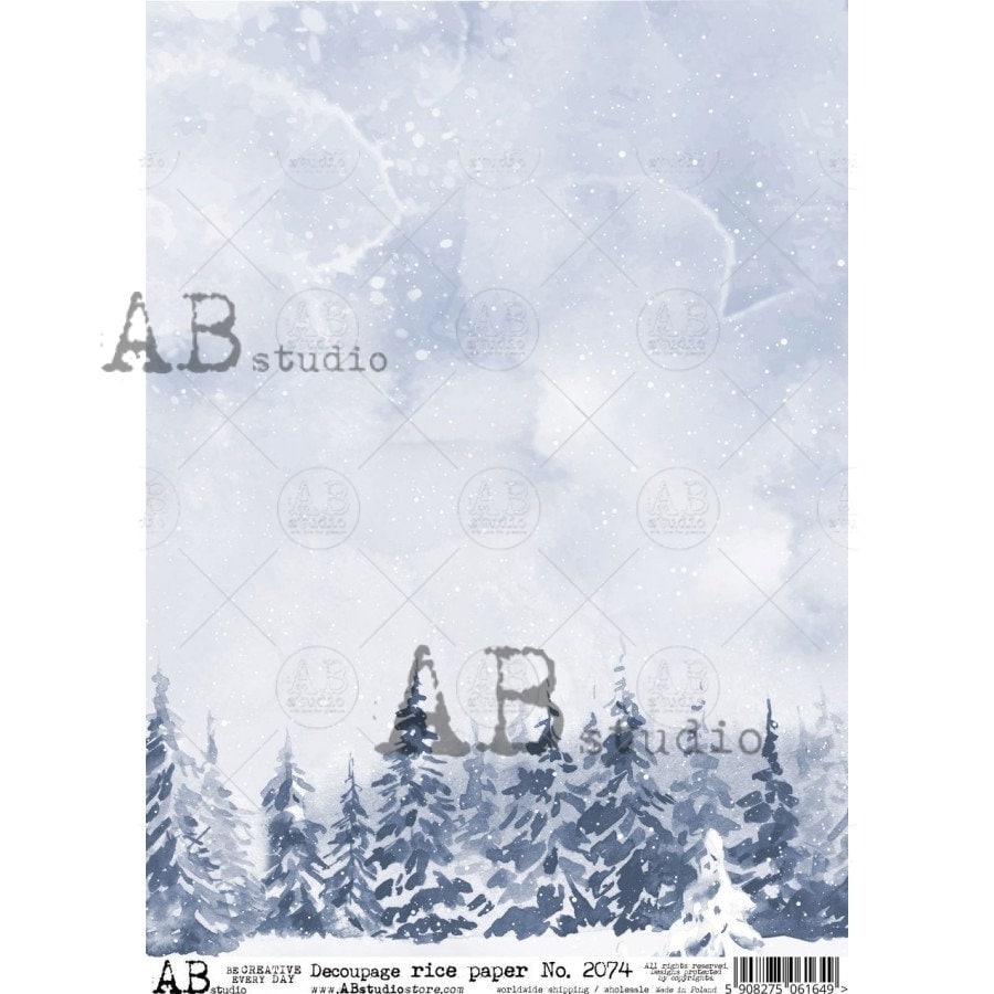 AB Studio Christmas, Blue, Christmas Trees, Winter, Scene, Snow Landscape, 2074, A4, 8.27 X 11.69 Rice Paper, Decoupage, Imported, Poland