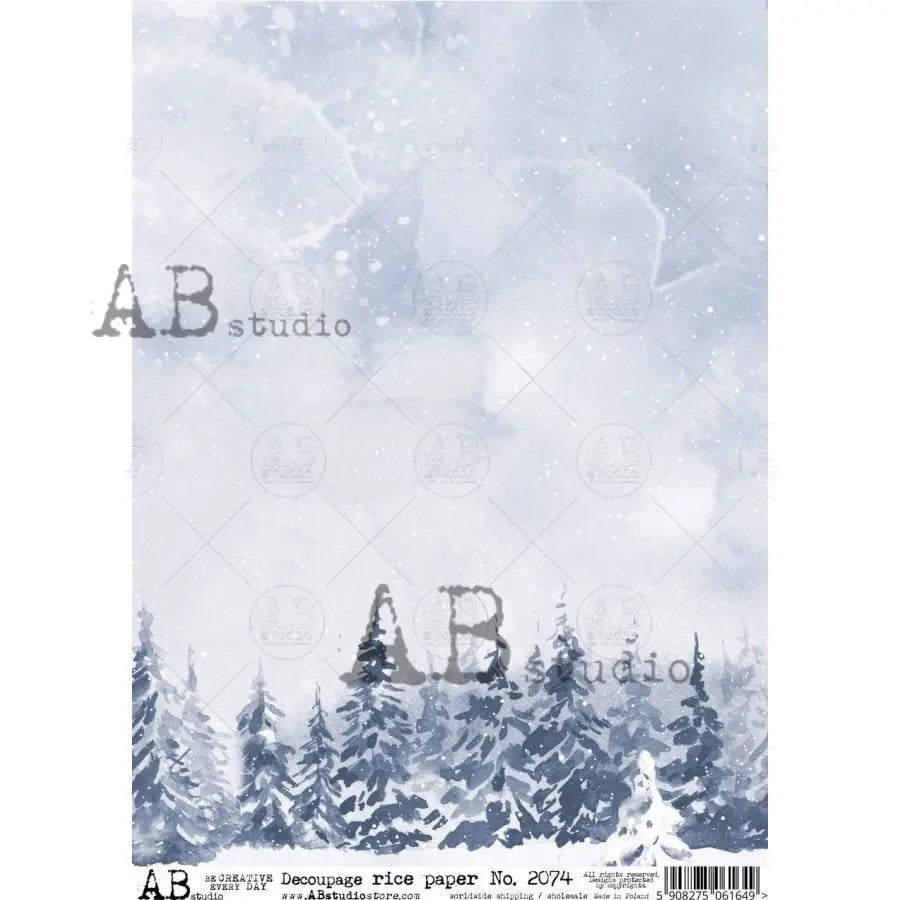 AB Studio Christmas, Blue, Christmas Trees, Winter, Scene, Snow Landscape, 2074, A4, 8.27 X 11.69 Rice Paper, Decoupage, Imported, Poland AB Studio