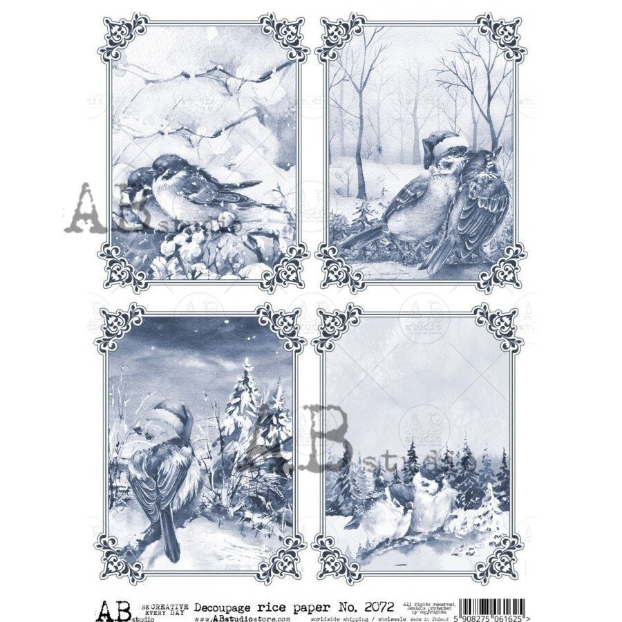 AB Studio Christmas, Christmas, Blue, White, Winter, Birds, Squares, Snow, Trees, 2072, A4, 8.27 X 11.69 Rice Paper, Decoupage, Imported