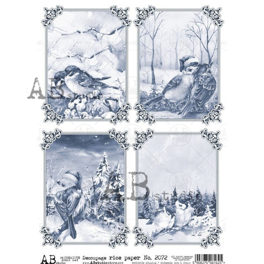 AB Studio Christmas, Christmas, Blue, White, Winter, Birds, Squares, Snow, Trees, 2072, A4, 8.27 X 11.69 Rice Paper, Decoupage, Imported