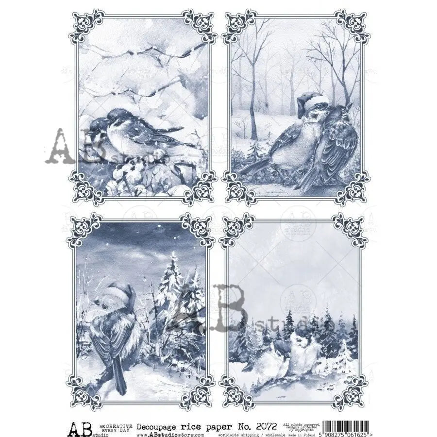 AB Studio Christmas, Christmas, Blue, White, Winter, Birds, Squares, Snow, Trees, 2072, A4, 8.27 X 11.69 Rice Paper, Decoupage, Imported AB Studio