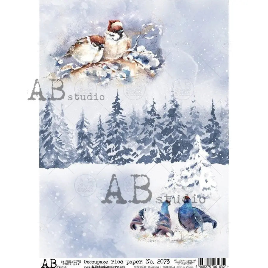 AB Studio Christmas, Blue, Christmas Trees, Winter, Scene, Snow Landscape, Birds, 2073, A4, 8.27 X 11.69 Rice Paper, Decoupage, Imported AB Studio