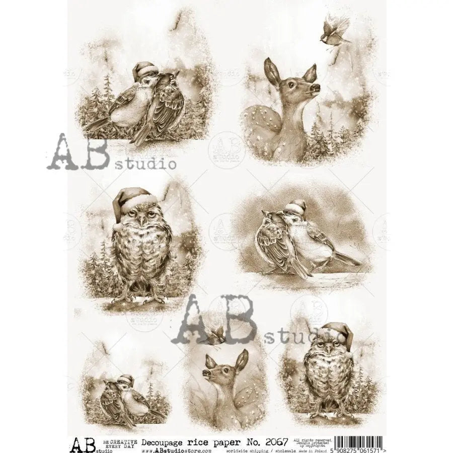 AB Studio Shabby Chic, Winter, Christmas, Owls, Deer, Rounds, Sepia Tone, 2067, A4 - 8.27 X 11.69 in, Rice Paper Decoupage Imported Poland AB Studio