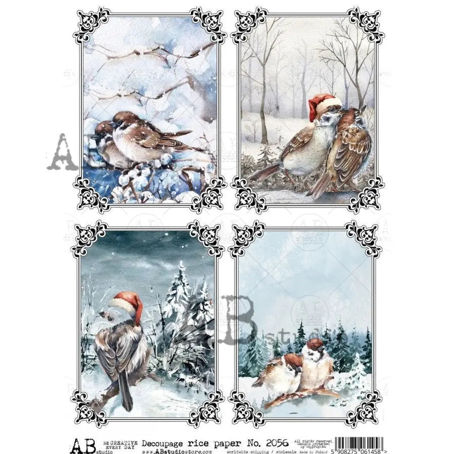 AB Studio Christmas, Christmas, Blue, White, Winter, Birds, Squares, Snow, Trees, 2056, A4, 8.27 X 11.69 Rice Paper, Decoupage, Imported AB Studio