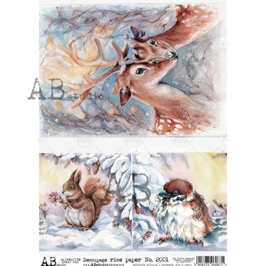 AB Studio Christmas, Blue, Christmas, Deer, Squirrel, Bird, Winter, Snow, Squared, 2001, A4, 8.27 X 11.69 Rice Paper, Decoupage, Imported