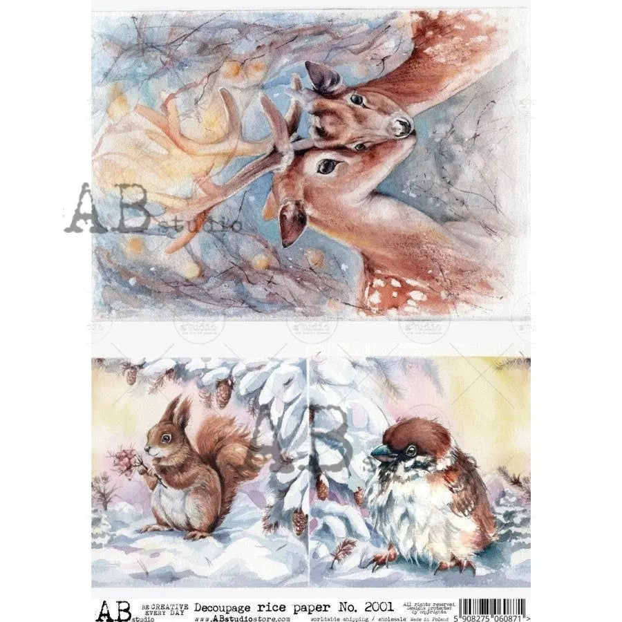 AB Studio Christmas, Blue, Christmas, Deer, Squirrel, Bird, Winter, Snow, Squared, 2001, A4, 8.27 X 11.69 Rice Paper, Decoupage, Imported AB Studio