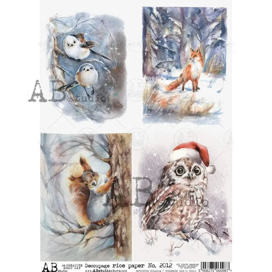 AB Studio Christmas, Christmas, Owl, Squirrel, Fox, Winter, Birds, Squares, Snow, 2012, A4, 8.27 X 11.69 Rice Paper, Decoupage, Imported AB Studio