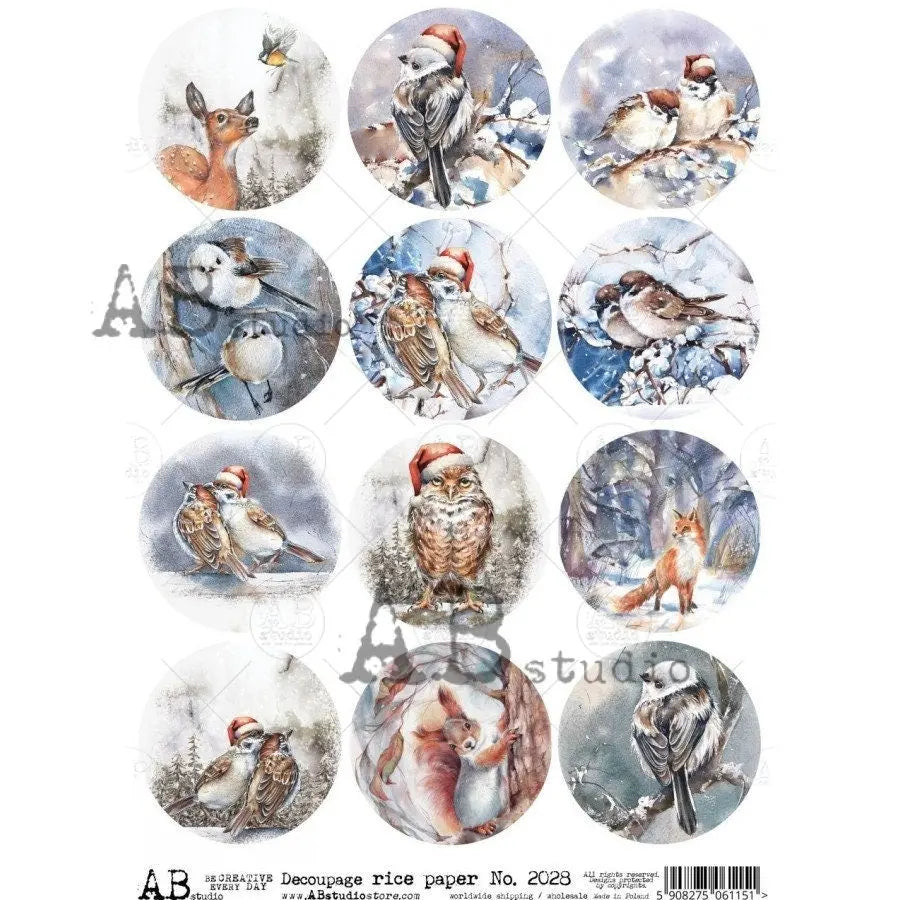 AB Studio Shabby Chic, Winter, Christmas, Owls, Deer, Birds, Snow, Rounds, 2028, A4 - 8.27 X 11.69 in, Rice Paper Decoupage Imported Poland AB Studio