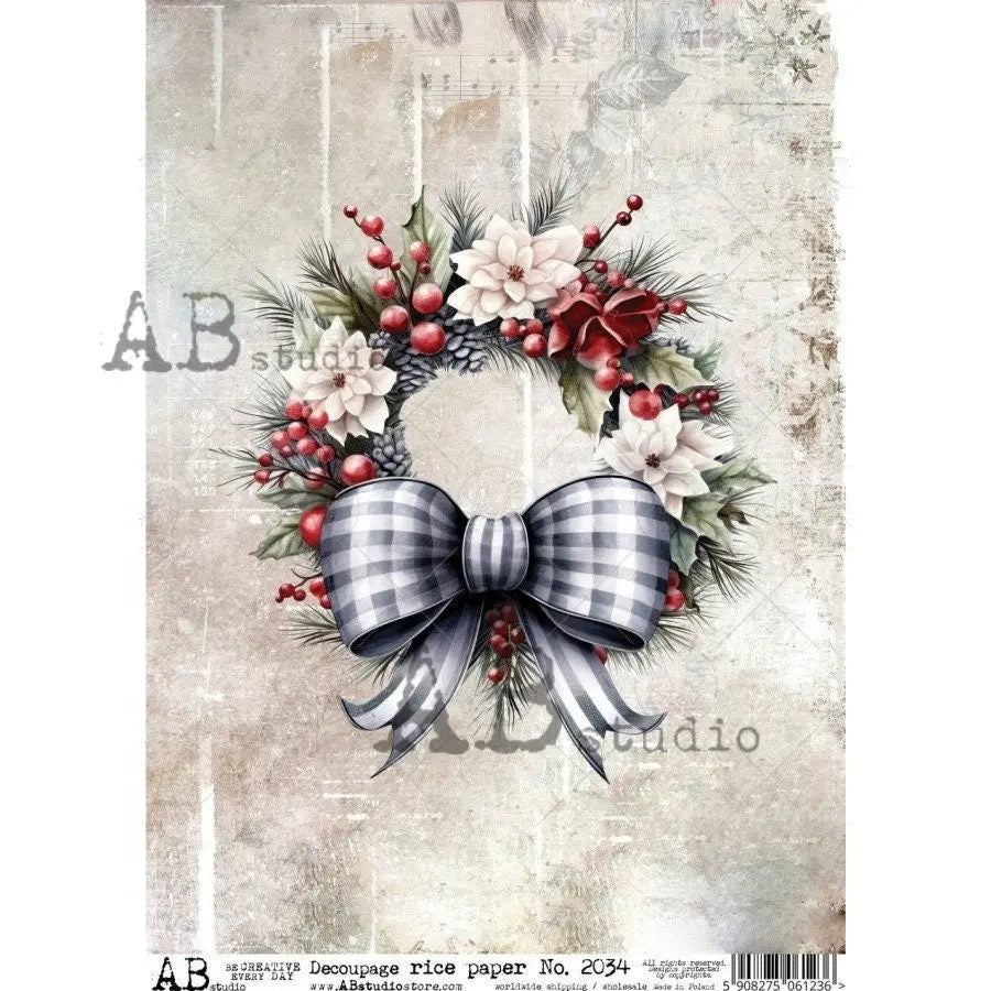 AB Studio Christmas, Blue, Christmas, Wreath, Holiday, Flowers,, 2034, A4, 8.27 X 11.69 Rice Paper, Decoupage, Imported, Poland AB Studio