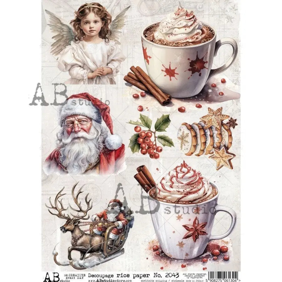 AB Studio Christmas, Child, Hot Cocoa, Santa, Angel, Holiday, Holly, Bells, 2043, A4, 8.27 X 11.69 Rice Paper, Decoupage, Imported, Poland AB Studio