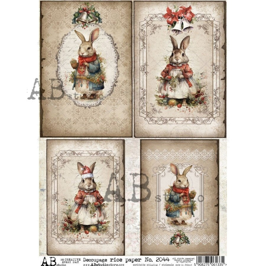 AB Studio Shabby Chic, Vintage, Christmas, Rabbits, Squares, Holiday Bunnies, 2044, A4, 8.27 X 11.69, Rice Paper, Decoupage, Imported Poland